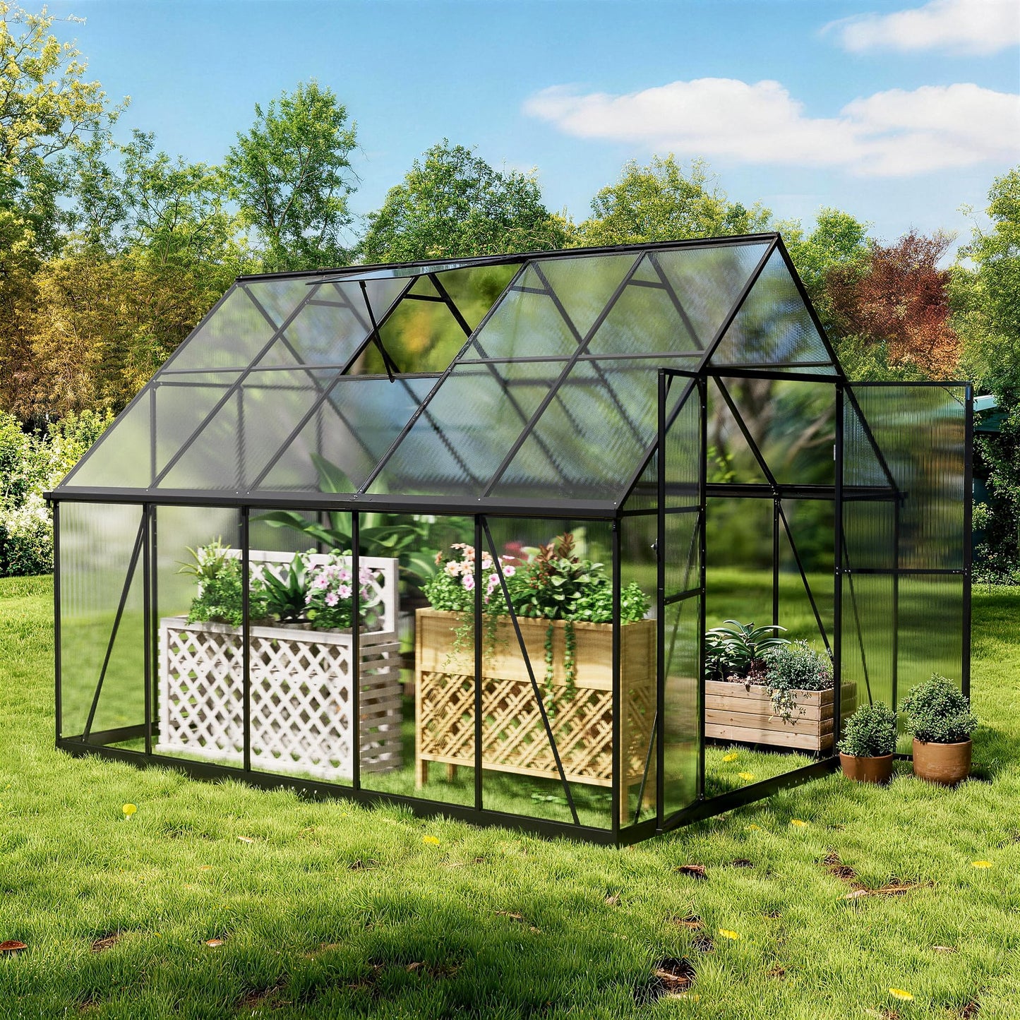 ASJMR 8×10 PC Outdoor Greenhouse, Green Houses for Outside with Aluminum Frame, Lockable Door & Adjustable Roof Vent - Heavy Duty Green Houses for Outside, Backyard, Garden, Patio Use (8×10)