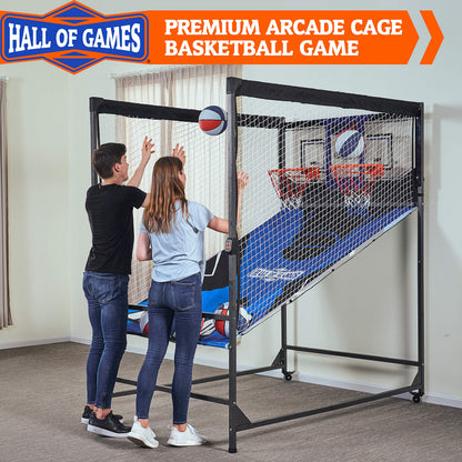 Hall of Games Premium Arcade Cage Basketball Game with Steel Frame and Polycarbonate Backboard, Dual Shot LED Scoring with 6 Size 8.5 Inch Basketballs