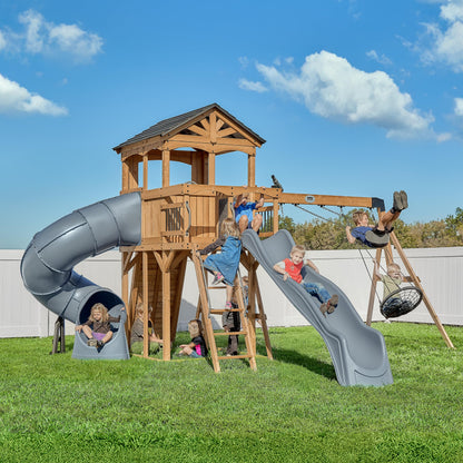 Backyard Discovery Dover Bay Spruce Wood Swing Set with Spiral Tube Slide, Wave Slide, Clubhouse, Rock Wall, Belt Swings, Step Ladder, Toy Telescope, Chalkboard, Outdoor Playset