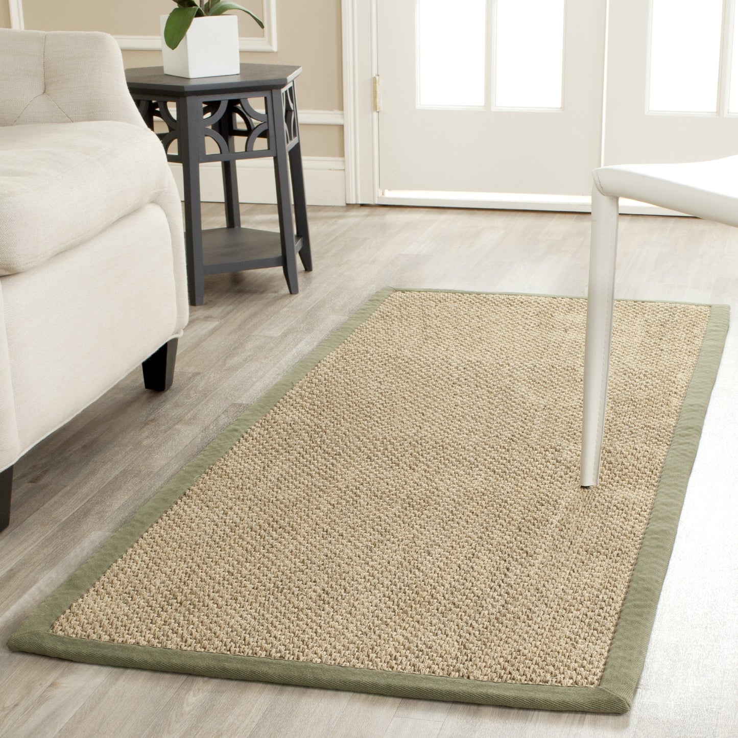 SAFAVIEH Area Rug 8' Square - Natural Fiber Collection - Natural & Green, Sisal, Woven Design with Border (NF443C)