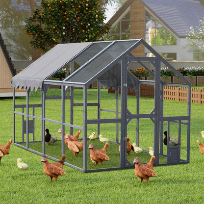 KEIKI Chicken Coop, 9.3 x 6.2 x 6 FT, Large Wooden Chicken Run with Waterproof Cover, Outdoor Walk-in Hen House, for Backyard Farm, Grey