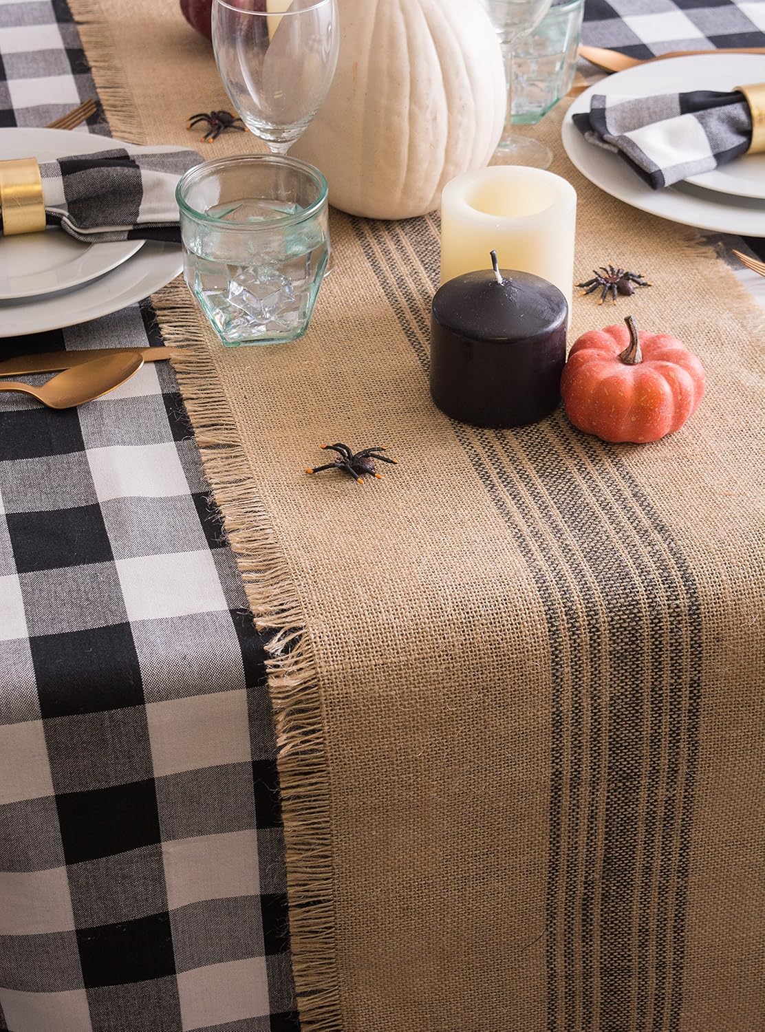 DII Jute Burlap Collection Table Runner, 14x108, Kitchen Tabletop with Middle Stripe Gray