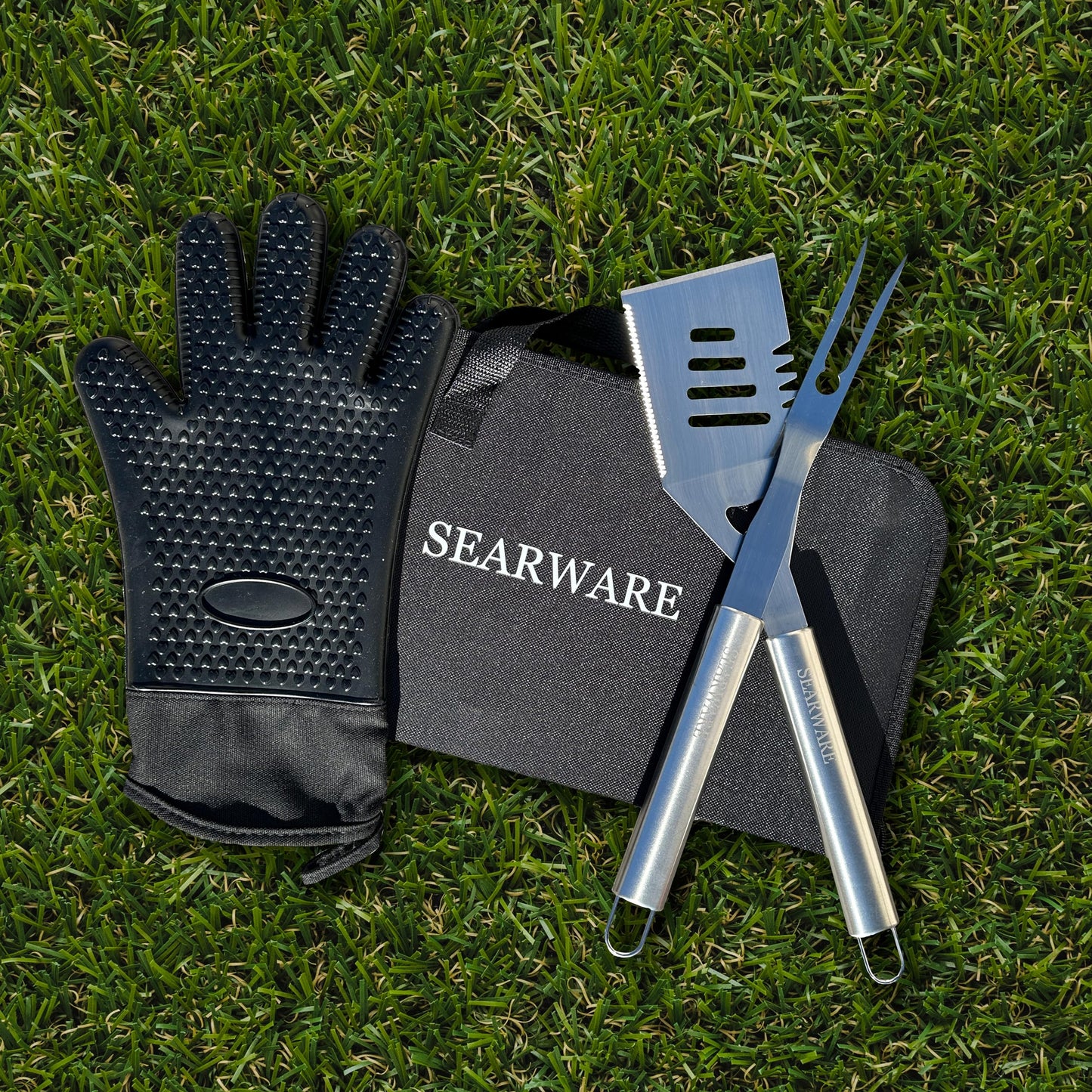 SEARWARE Barbecue Grill Tool Set - Stainless Steel - Strong Durable Design - Heat Resistant Glove & Bristle Free Grill Brush - Thermometer, Meat Injector, & Corn Skewers - Perfect For Smokers & Grills