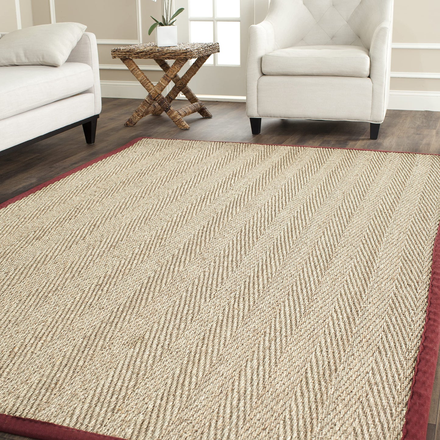 SAFAVIEH Area Rug 9x12 - Natural Fiber Collection - Large - Natural & Red, Seagrass, Herringbone Pattern with Border (NF115D)