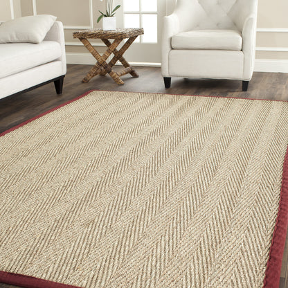 SAFAVIEH Area Rug 9x12 - Natural Fiber Collection - Large - Natural & Red, Seagrass, Herringbone Pattern with Border (NF115D)