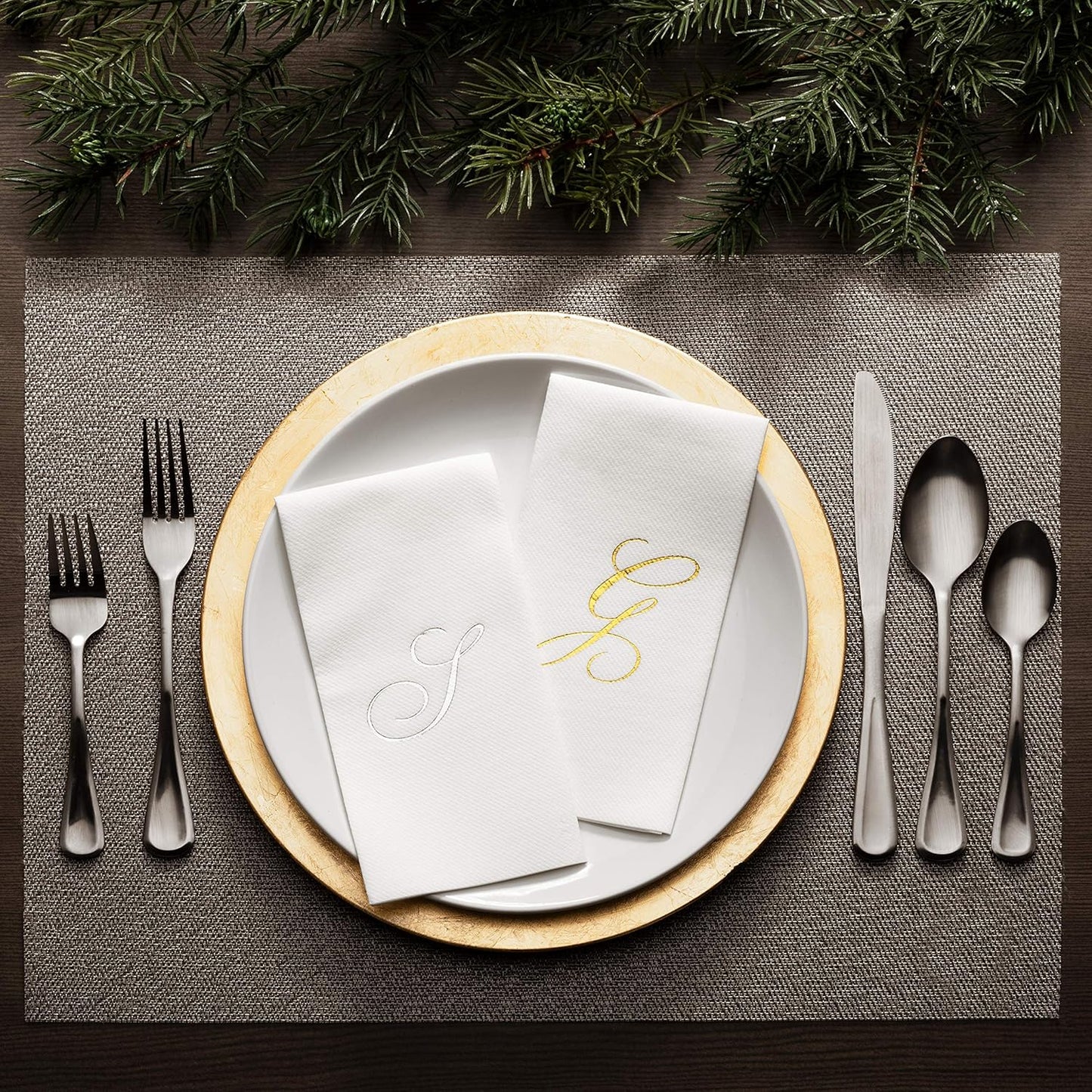 15.5 12 50 Count AH AMERICAN HOMESTEAD Disposable Napkins - Silver Monogram Guest Towel Napkins, Quilted Cloth-Like