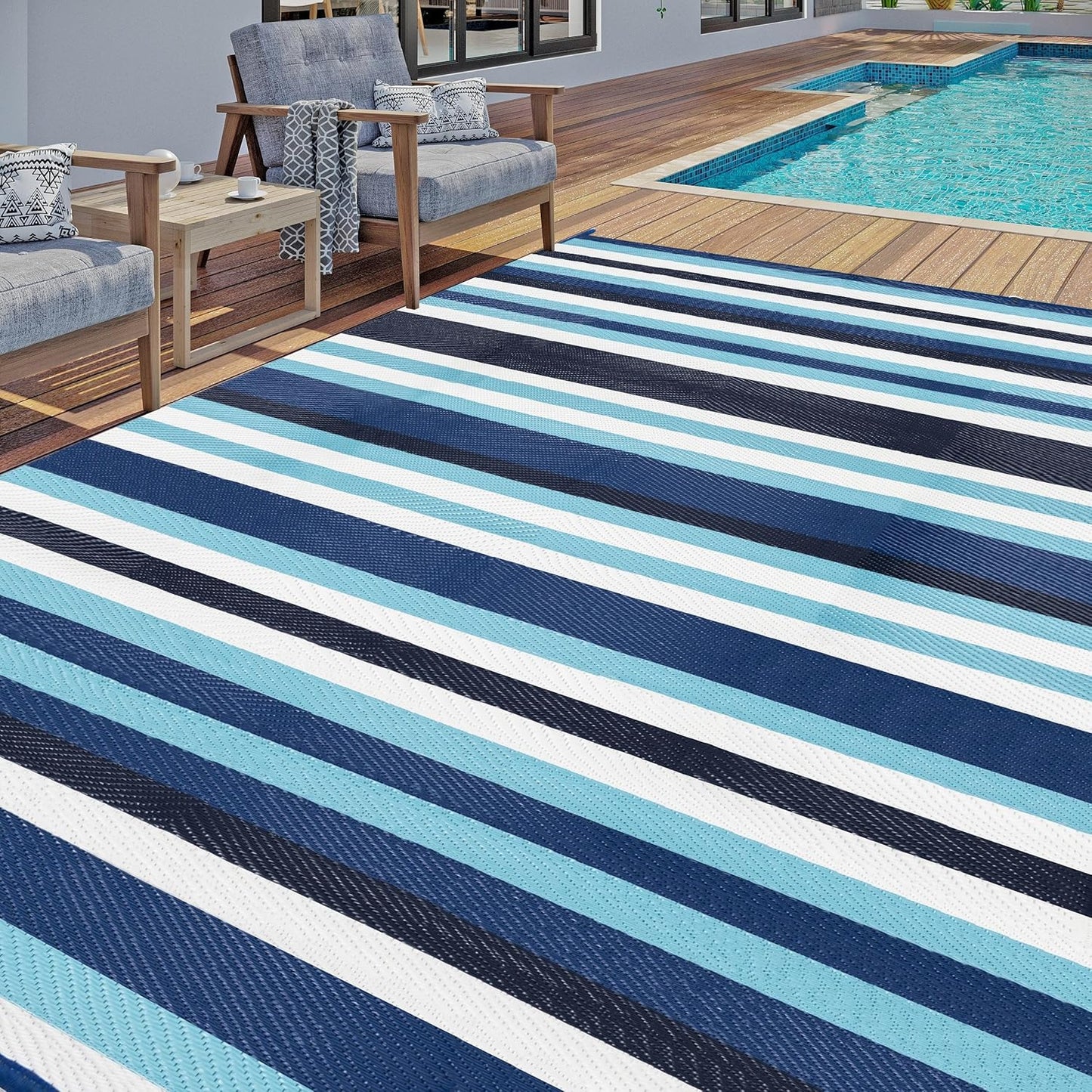 6'x9' HUGEAR Outdoor Waterproof Rug Plastic Straw Rugs Washable Reversible Floor Mat Blue Stripe Carpet for Camping RV