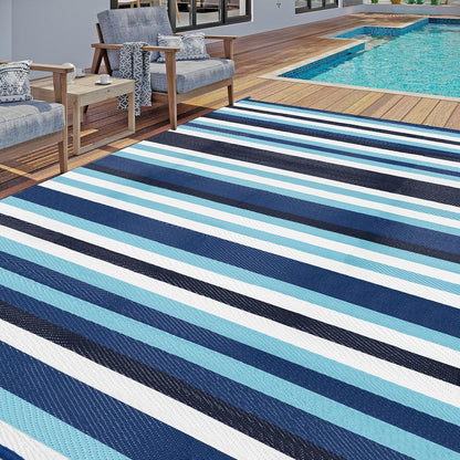 6'x9' HUGEAR Outdoor Waterproof Rug Plastic Straw Rugs Washable Reversible Floor Mat Blue Stripe Carpet for Camping RV