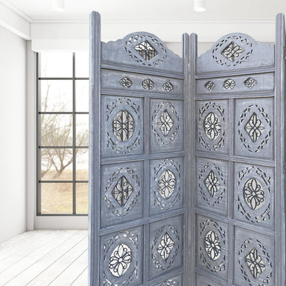 Hand Crafted 4-Panel Wood Divider, Multi-Panel Privacy Screen (Box Floral)