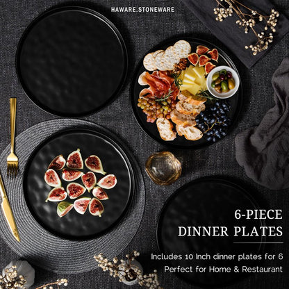 HaWare Stoneware Dinner Plates Set of 6, 10" Heavy Duty Ceramic Plate, Reactive Glaze Ripple Dinnerware for Home Restaurant, Chip and Scratch Resistant, Microwave and Dishwasher Safe, Matte Black