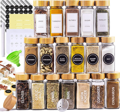 Set, Sets Glass Spice Jars with Label Bamboo Lids & Funnel - Kitchen Airtight Storage Jars with Lids - Spices