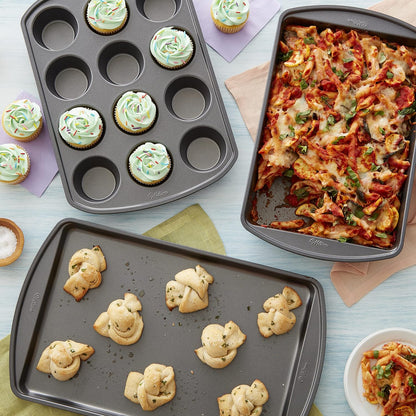 Wilton Perfect Results Non-Stick Baking Sheet, Muffin, and Oblong Pan Bakeware Set, 3-Piece