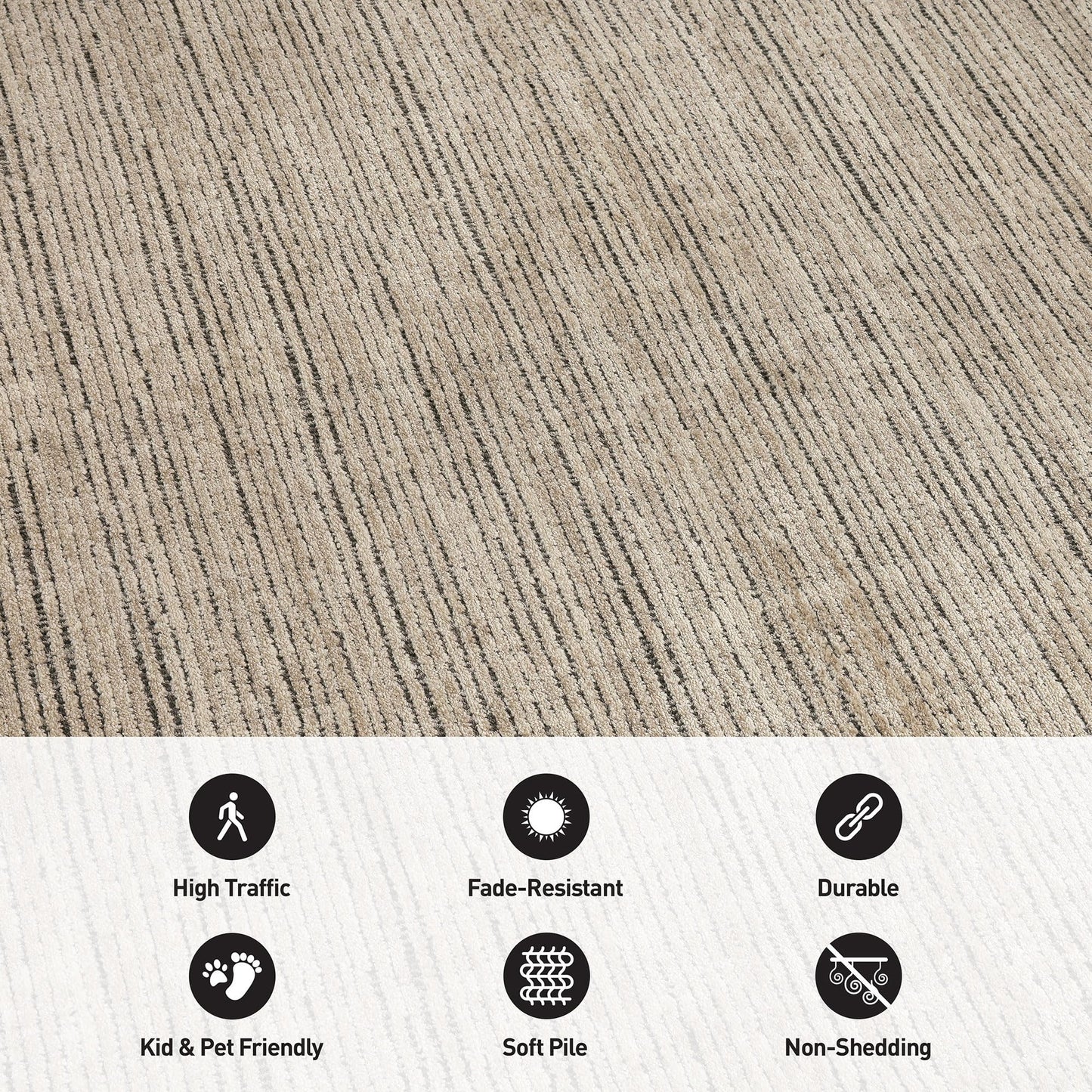 Rugshop Textured High-Low Indoor Area Rug, Neutral Stripe Design, Jute Backing, Living Room Bedroom Kitchen Rug, Easy-Care Spot Clean, 7'10" x 10' Beige/Gray
