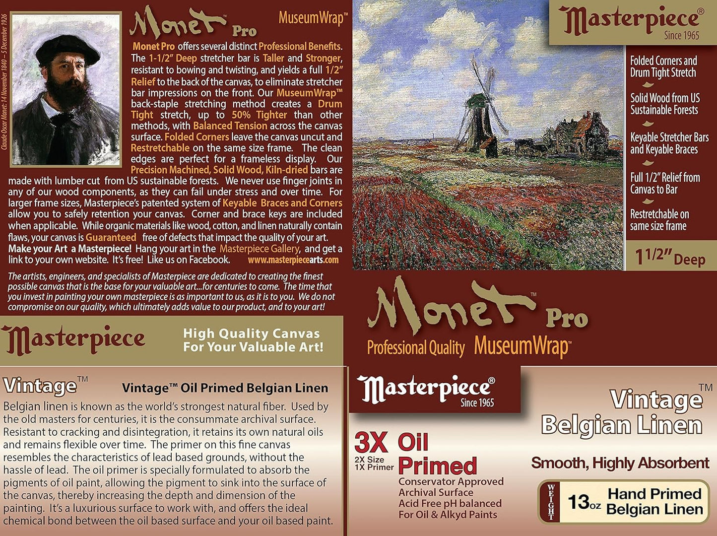Masterpiece Artist Canvas 44109 Monet PRO, Vintage Oil Primed, 6" x 6", Linen 13.0oz, 1-1/2" Deep - 3X