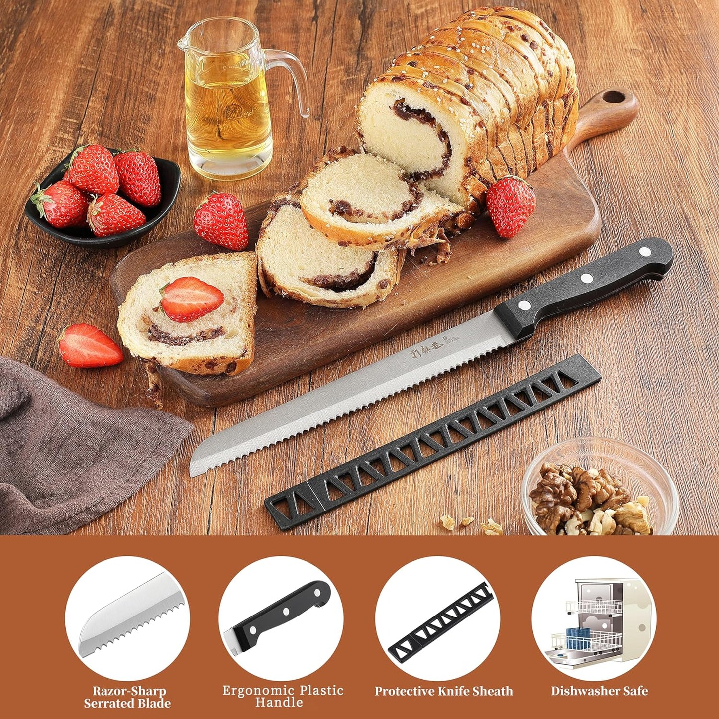 HIA Stainless Steel 8 Inch Serrated Bread Knife, Perfect for Homemade Bread and Cake, Knife Cover Included