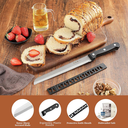 HIA Stainless Steel 8 Inch Serrated Bread Knife, Perfect for Homemade Bread and Cake, Knife Cover Included
