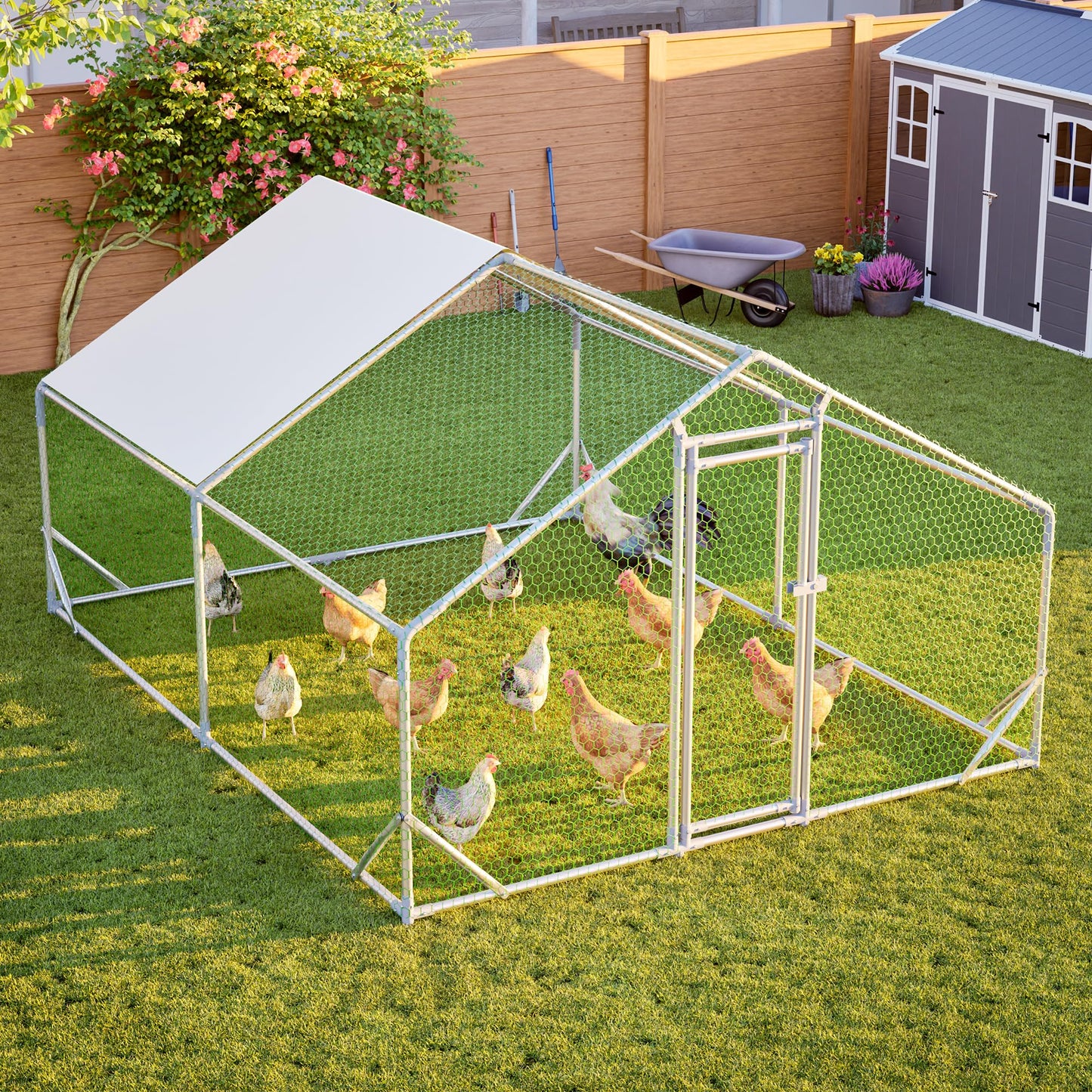 YOPTO Metal Chicken Coop,10x13x6.56ft Large Walk-in Chicken Runs W/Waterproof & Anti-Ultraviolet Cover,Spire Roof Hen House Enclosure W/Security Lock,Outdoor Poultry Pen for Backyard,Farm,Yard