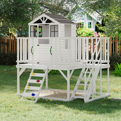 2 Story Wooden Playhouse with Climbing Wall, Outdoor Wooden Playhouse with Step Ladder, Elevated Modern Cedar Playhouses Kids