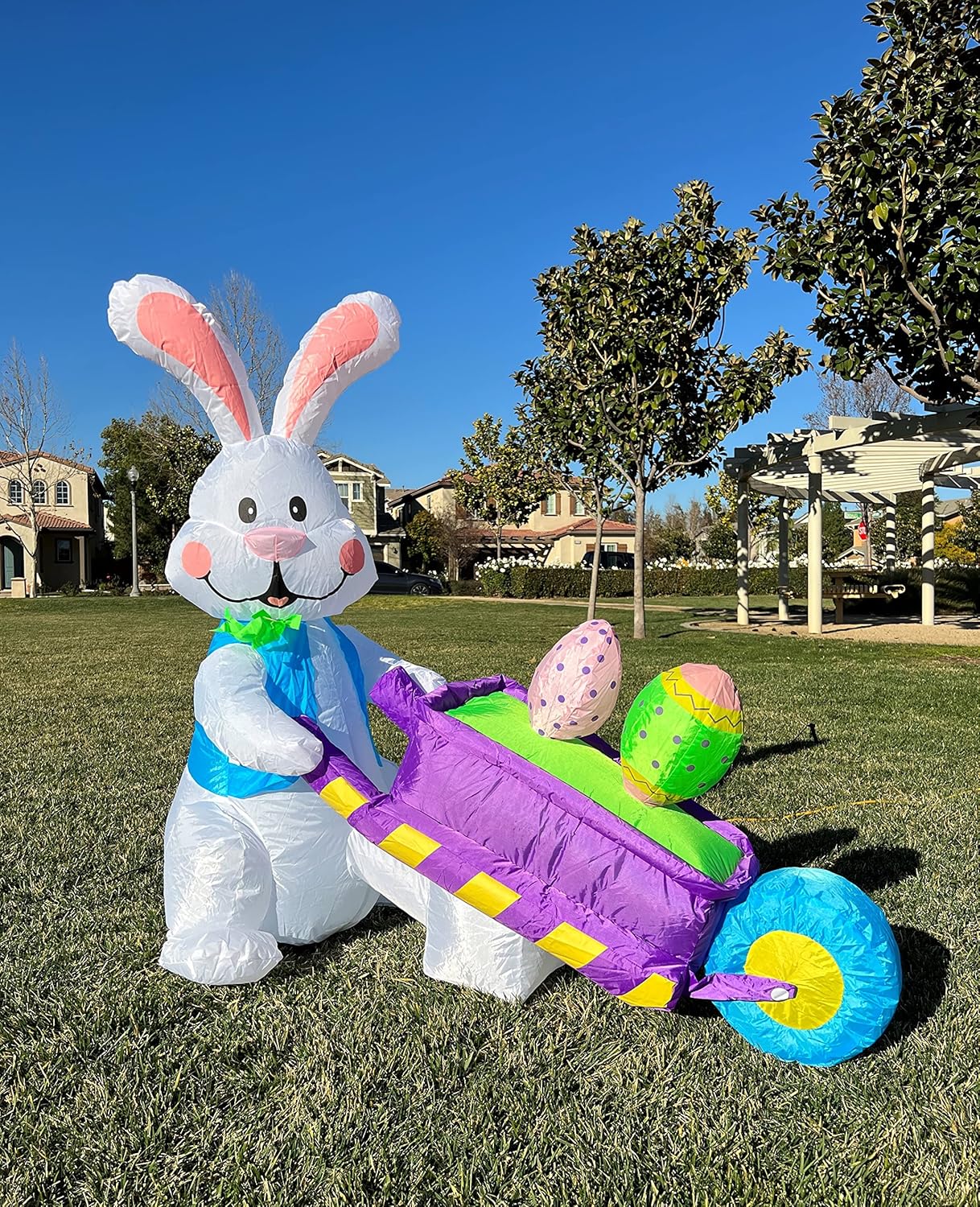 BZB Goods 4 Wheelbarrow Foot Tall Easter Inflatable Happy Bunny Rabbit Pushing with Two Eggs Pre-Lit LED Lights Outdoor