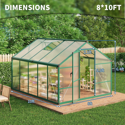 8X10 FT Greenhouse for Outdoors, Polycarbonate Flower Greenhouse with Roof Vent, Push-Pull Lockable Door, Aluminum Walk-in Greenhouses for Outside Garden Backyard, Patio, Lawn, Green