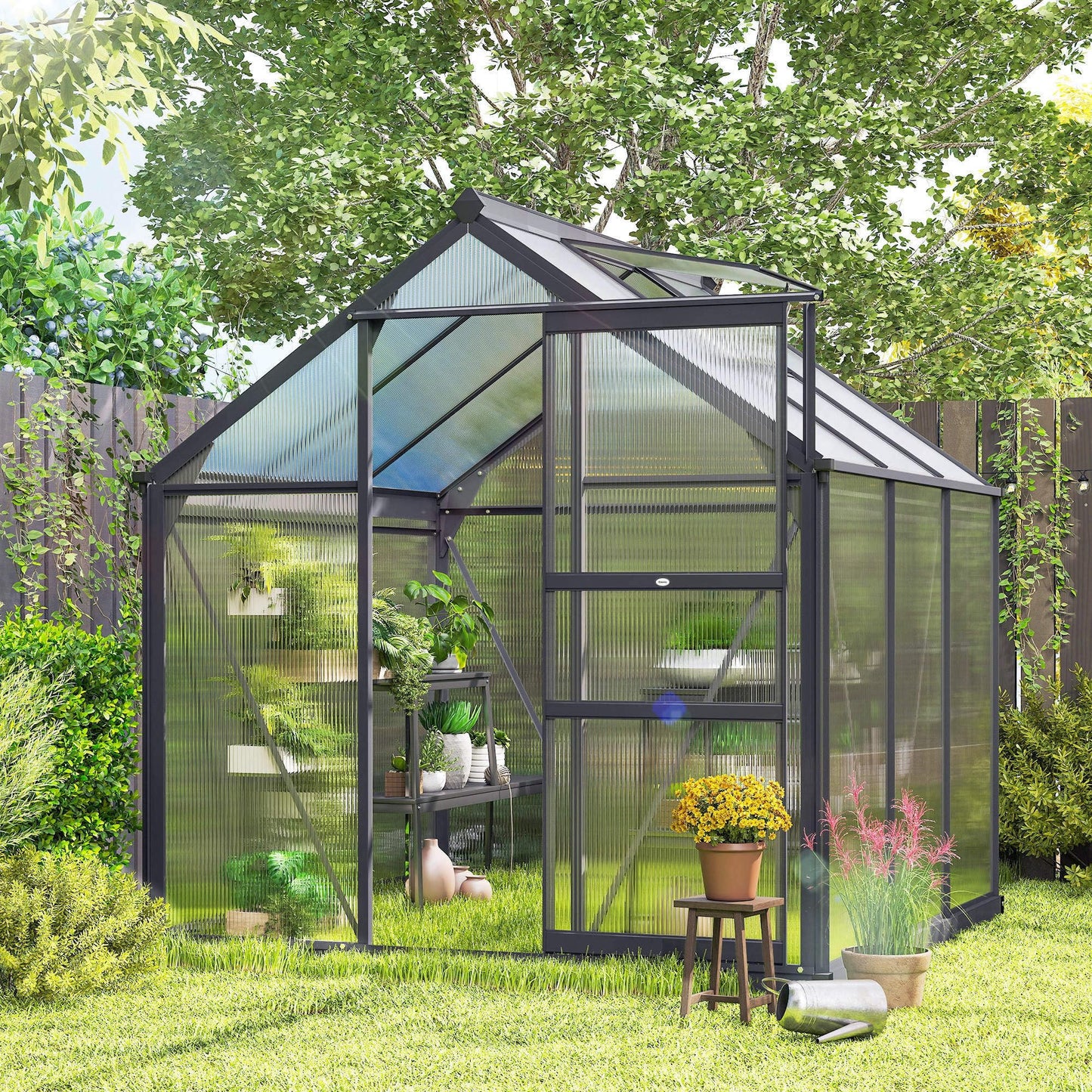 Outsunny 6' x 6' Greenhouse for Outdoors, Polycarbonate Greenhouse with Rain Gutter and Roof Vent, Aluminum Walk-in Green Houses for Outside for Patio Backyard Garden, Gray