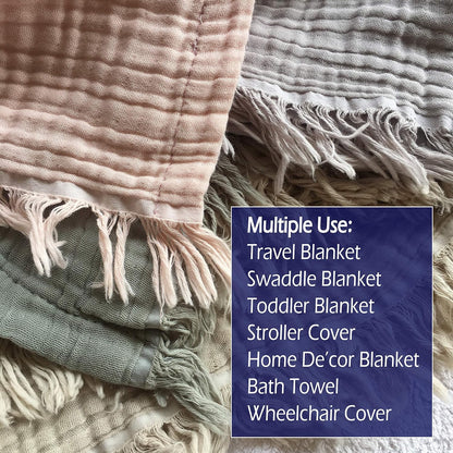 KyraHome 100% Organic Cotton 50"x60" Muslin Blanket for Adults, Couch, Pre-Washed Plant Dyed (Sage Green)