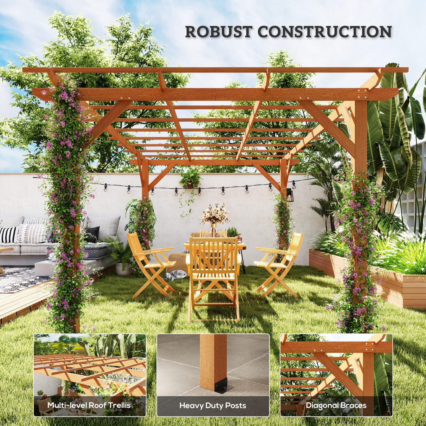 Outsunny 10' x 13' Outdoor Pergola, Wood Gazebo Grape Trellis with Stable Structure and Concrete Anchors for Climbing Plant Support, Garden, Patio, Backyard, Deck, Dark Brown