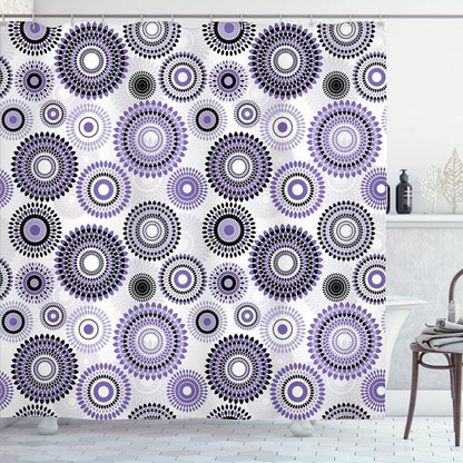 Ambesonne Floral Shower Curtain, Abstract Medallion Pattern Round Shape with Leaves Balls Floral Flowers, Cloth Fabric Bathroom Decor Set with Hooks, 69" W x 75" L, Purple White