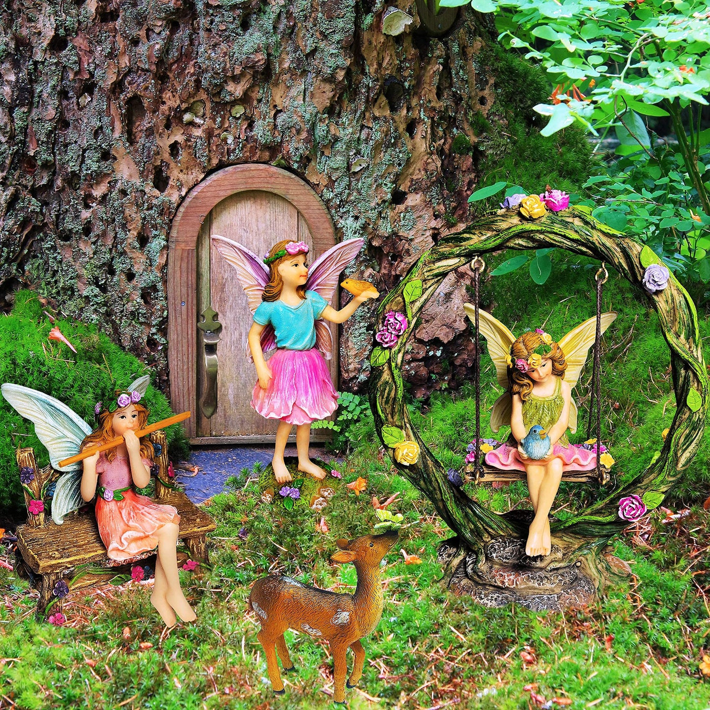Mood Lab Fairy Garden Figurines with Swing - Miniature Decor Set (6 pcs) - Statues & Accessories - Outdoor & Indoor Garden Decor