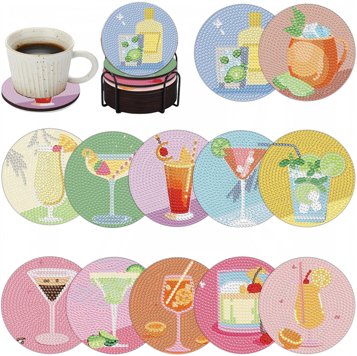 Bulerrylulu 6 Pcs Diamond Painting Coasters Kits with Holder,Diamond Art Coasters Set for Drinks Coffee Table, Gem Painting kit for Beginners Adults DIY Art Craft Gifts Home Decors (12pcs Cocktail)