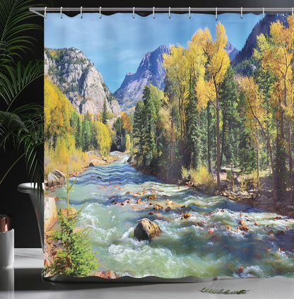 Ambesonne Landscape Shower Curtain, Cloth Fabric Bathroom Decor Set with Hooks, 69" W x 70" L, Mustard Green Blue,
