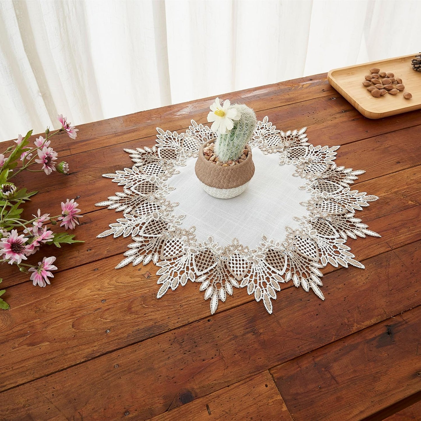 15 inches 15 White Linen Doily Round Neutral Earth Tones Beige Lace Coffee Table Topper Dresser Scarf Place Mats