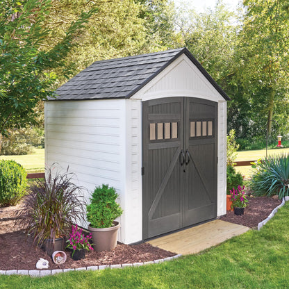Rubbermaid Resin Outdoor Storage Shed With Floor (7 x 7 Ft) Weather Resistant, White, Organization for Home/Backyard/Garden Tools/Lawn Mower/Bike Storage/Pool Supplies