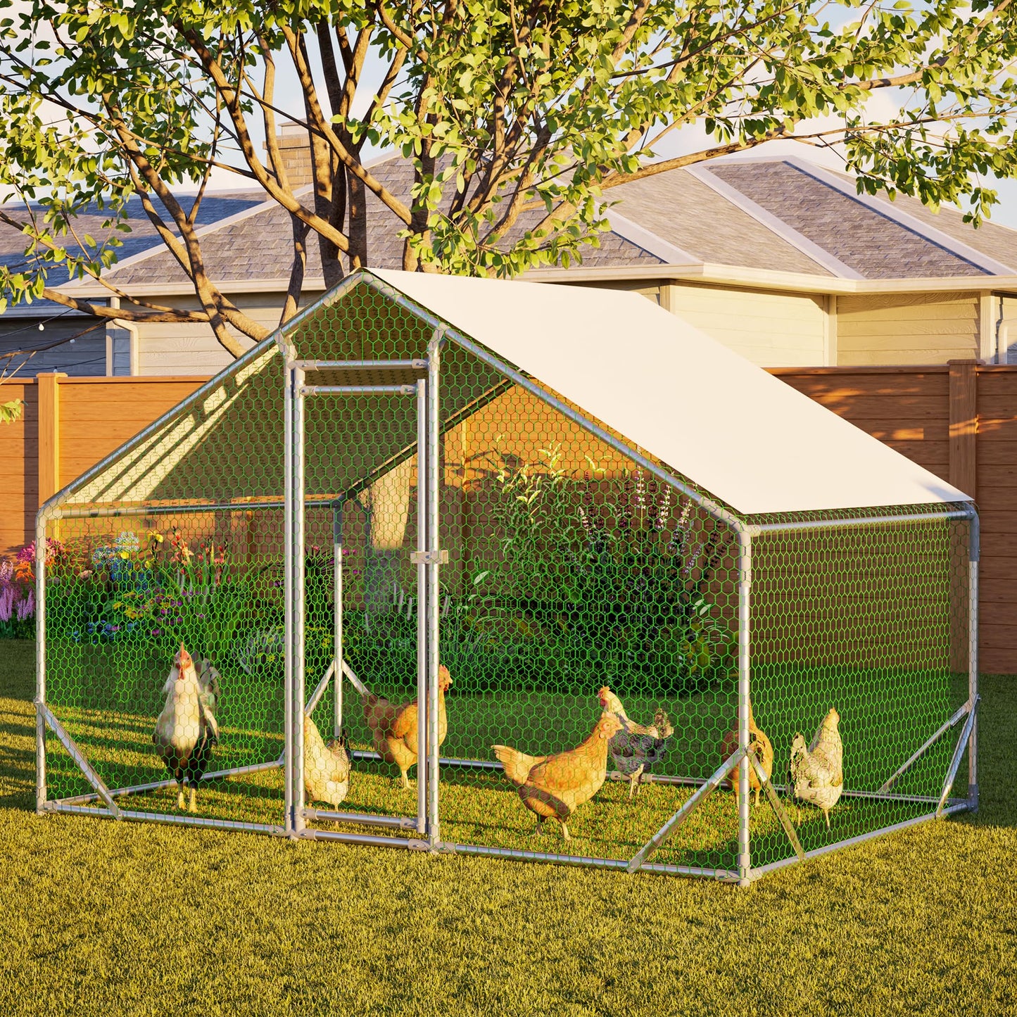 YOPTO Large Metal Chicken Coop,10x6.6x6.56ft Walk-in Chicken Run W/Waterproof & Anti-Ultraviolet Cover,Chicken Pen W/Lockable Door,Outdoor Poultry Cage for Hens,Ducks,Rabbits