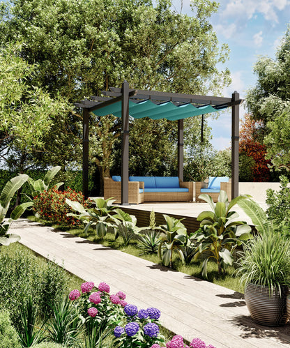 GarveeTech 10x10 ft Pergola Gazebo with Adjustable Canopy, Heavy-Duty Aluminum Sun Shelter with Faux Wood Finish for Outdoor Patio, Deck & Garden, Blue+White