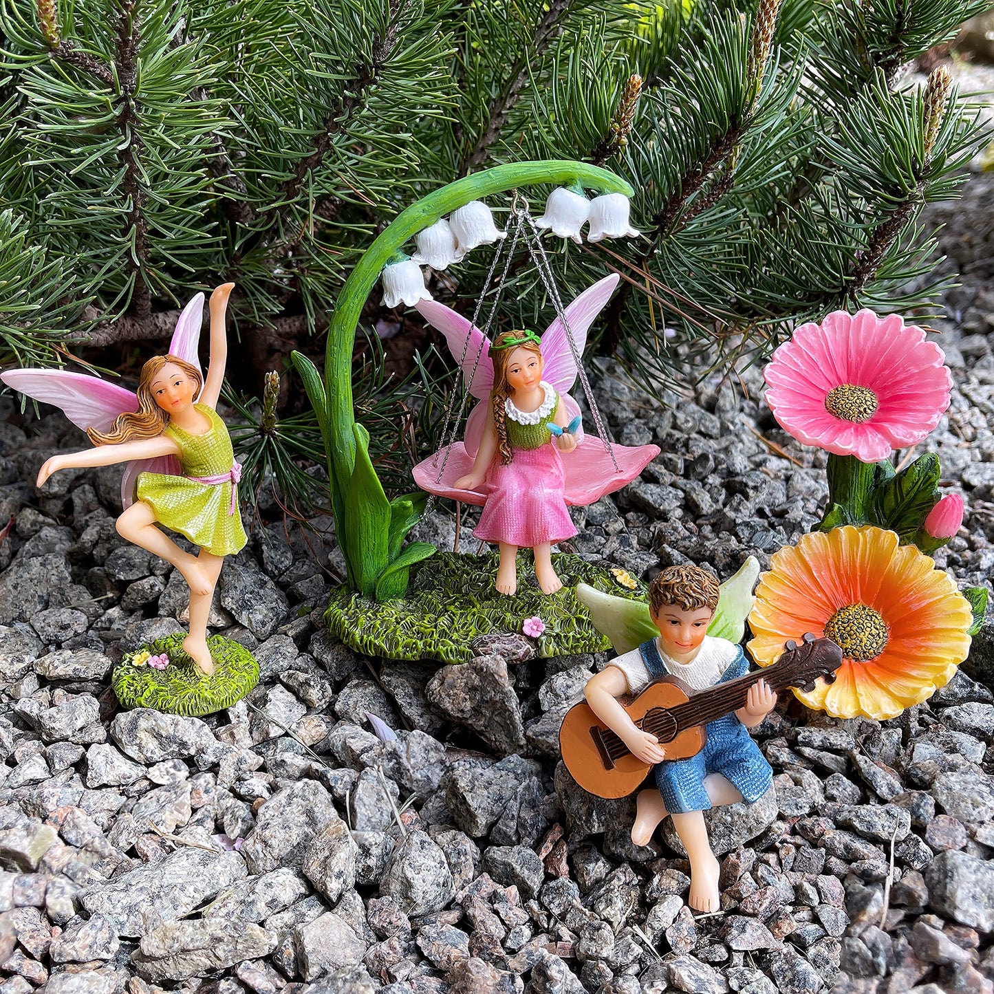 Mood Lab Fairy Garden Figurines - Dancing Swing Set (5 pcs) - Miniature Decorative Statues & Accessories - Outdoor & Indoor Garden Decor