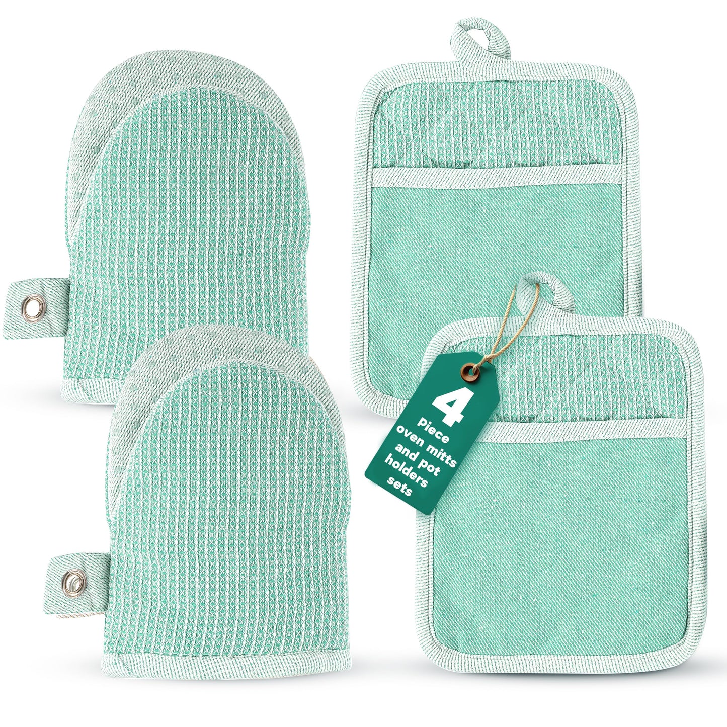 Casa Platino Heat Resistant Oven Mitts & Pot Holders, 4-Piece – Oven Mitt for Baking & BBQ, Potholders for Kitchens – Withstands Heat Up to 500°F, Soft, Durable & Non-Slip – Sage