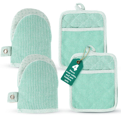 Casa Platino Heat Resistant Oven Mitts & Pot Holders, 4-Piece – Oven Mitt for Baking & BBQ, Potholders for Kitchens – Withstands Heat Up to 500°F, Soft, Durable & Non-Slip – Sage