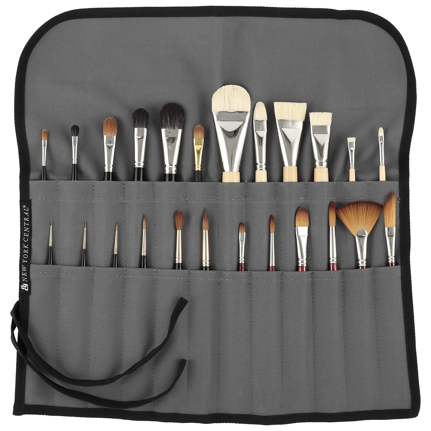 New York Central Professional Paint Brush Roll Up Case and Art Brush Organizer, Waterproof, LightWeight, Breathable and Tough, 20"X20" 3/8" Unrolled, Gray with Black Piping