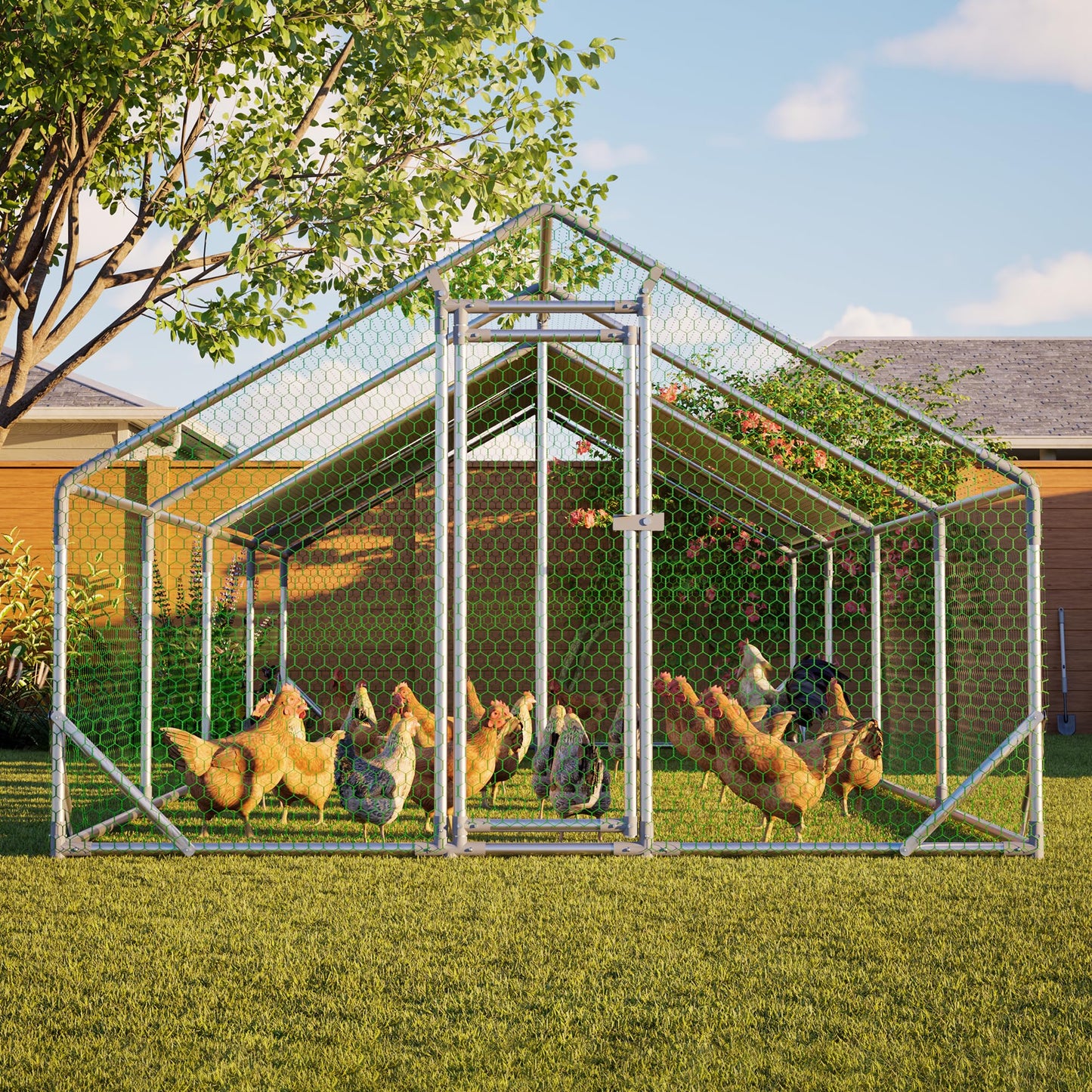 YOPTO Metal Chicken Coop with Run,10x26x6.56ft Walk-in Chicken Run W/Removable Waterproof & Anti-Ultraviolet Cover,Chicken Pen W/Security Lock,Hen House Enclosure for Ducks,Rabbits