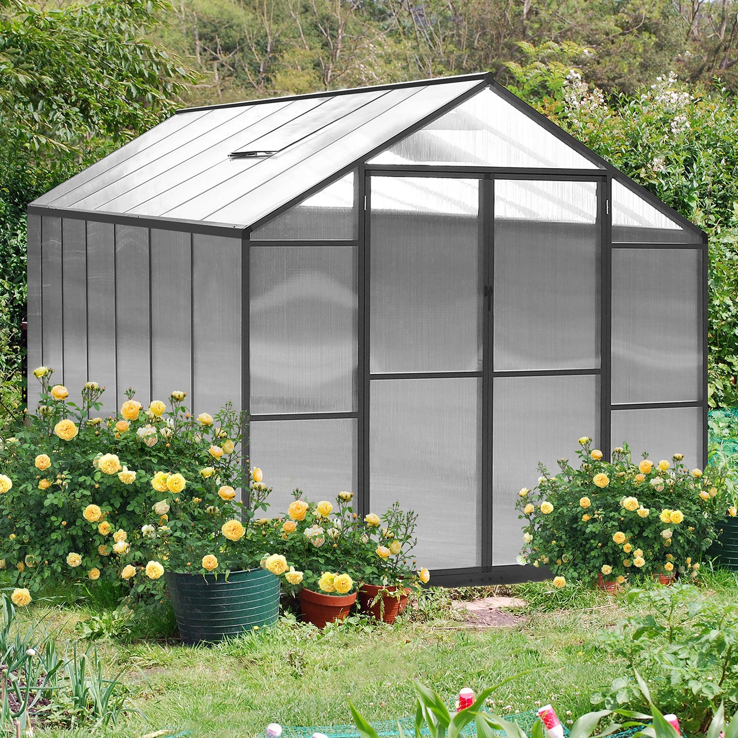 Yardenaler 8x14 FT Green House for Outdoor, Polycarbonate Aluminum Walk-in Greenhouse Kit with Lockable Door and Adjustable Roof Vents, Backyard Garden in Winter, Gray