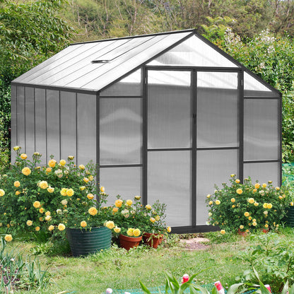 Yardenaler 8x14 FT Green House for Outdoor, Polycarbonate Aluminum Walk-in Greenhouse Kit with Lockable Door and Adjustable Roof Vents, Backyard Garden in Winter, Gray
