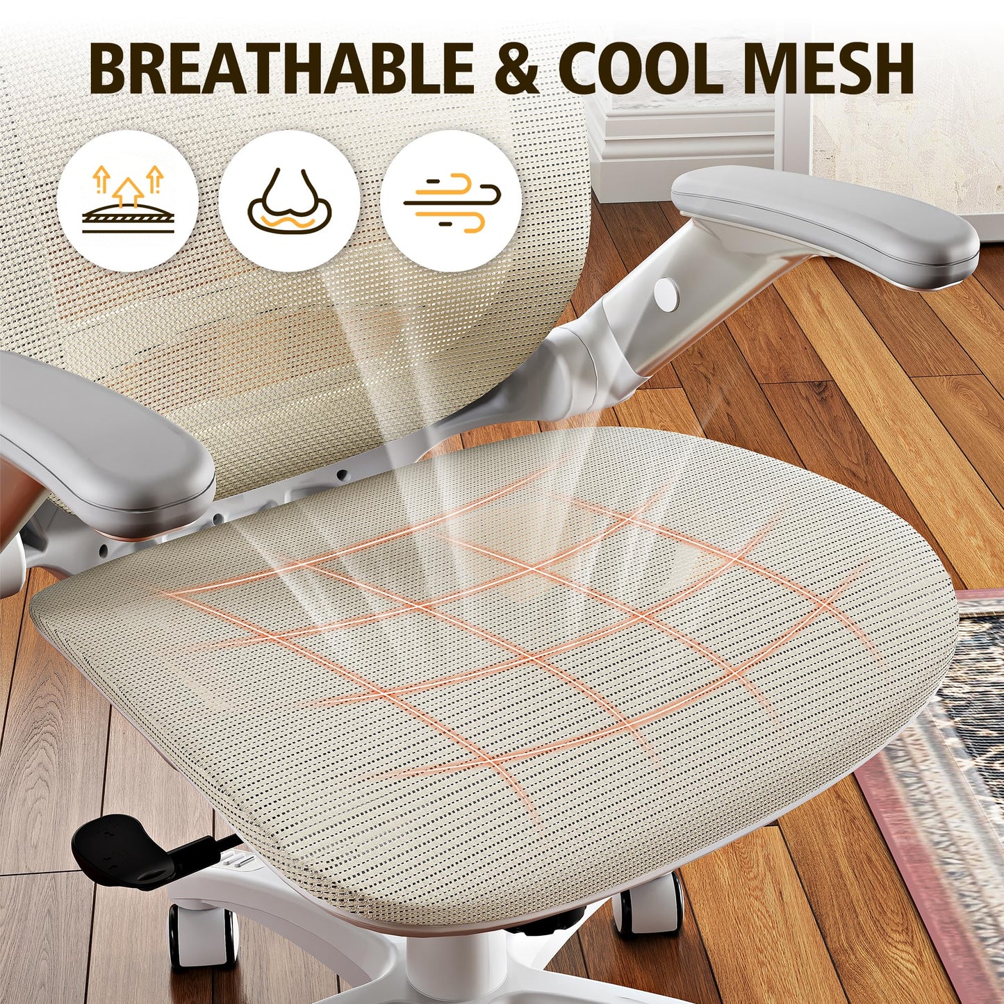 GABRYLLY Ergonomic Office Chair, High Back Home Desk Chair with Headrest, Flip-Up Arms, 90-120° Tilt Lock and Wide Cushion, 300LBS Mesh Chairs for Man Woman, White Task Chair(Beige,GY01WBG)