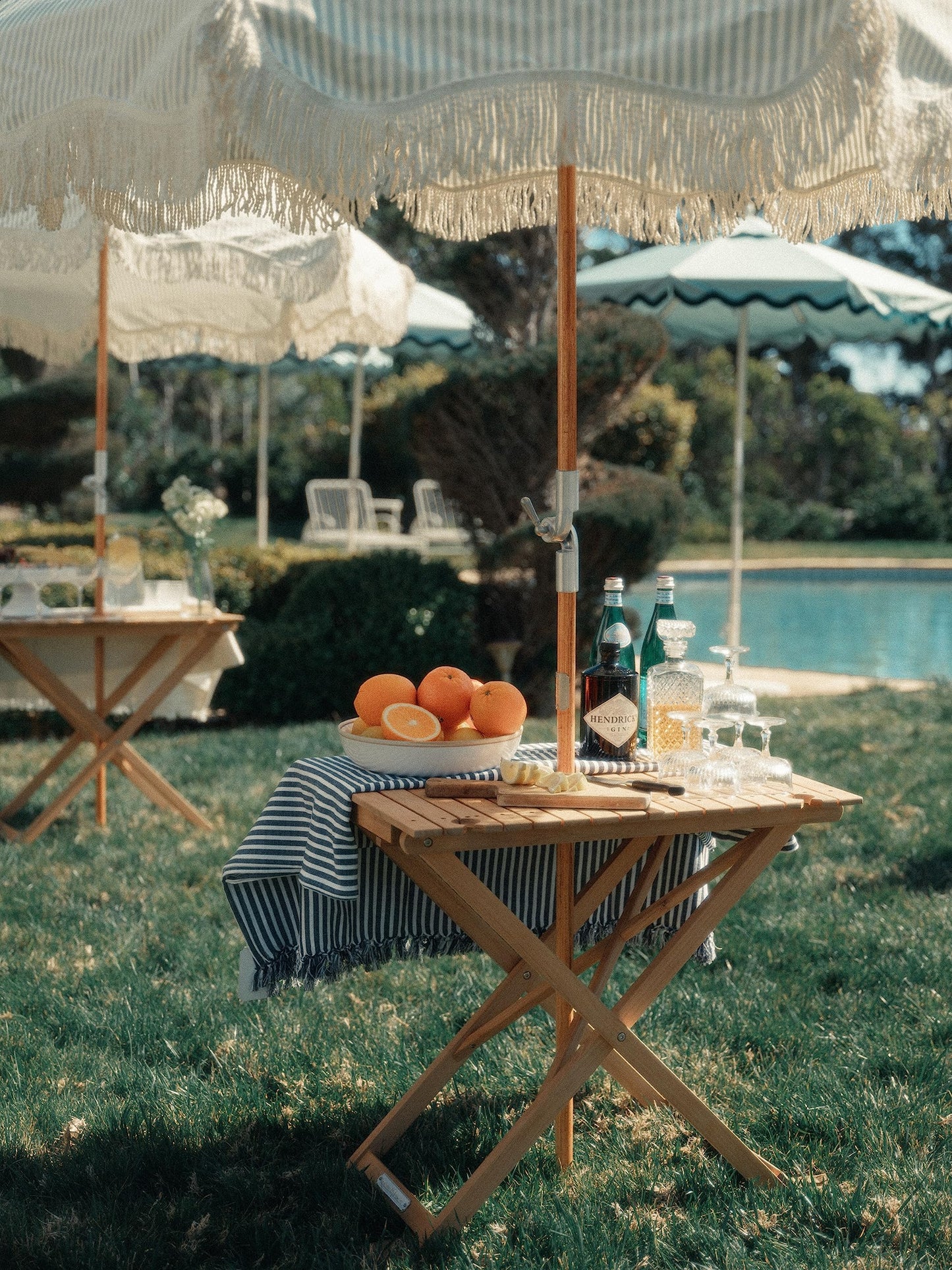 Business & Pleasure Co. Tall Folding Picnic Table - Perfect Outdoor Table for Picnics and Hosting - 4 Wine Glass Holders - Umbrella Hole - Premium Teak Hardwood