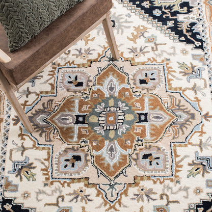 SAFAVIEH Heritage Collection Area Rug - 8' Square, Beige & Navy, Handmade Wool, Traditional Oriental Medallion Design, Ideal for Living Room, Bedroom, Dining Space (HG625D)