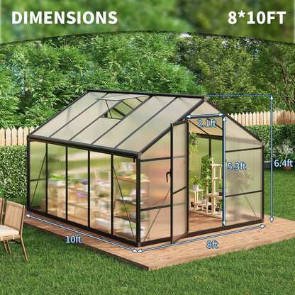8x10 FT Greenhouse for Outdoors, Polycarbonate Greenhouse with Roof Vent, Ground Nails, Lockable Push Door, Aluminum Large Walk-in Green House for Outside Garden Backyard, Patio, Lawn, Black