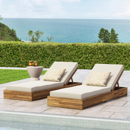 Abraham Outdoor Acacia Wood Chaise Lounge with Cushion (Set of 2), Teak and Cream