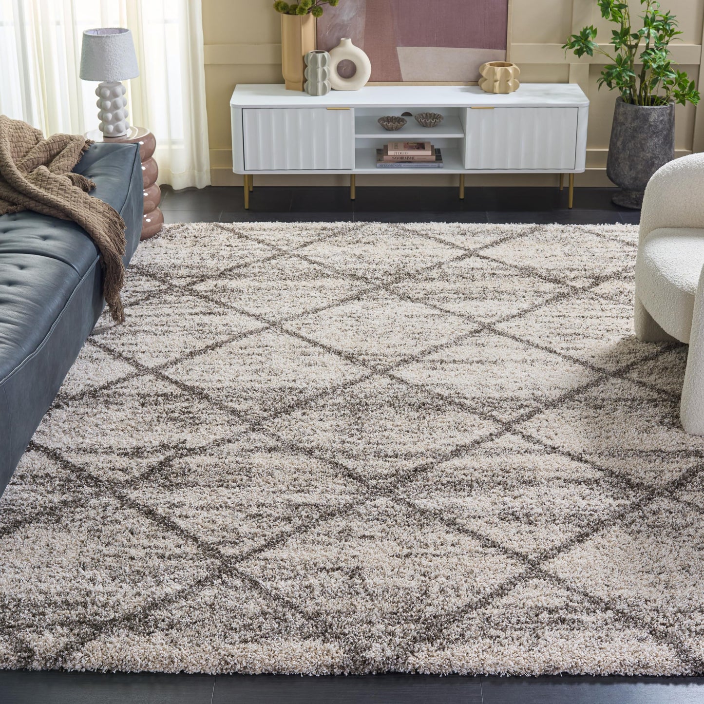 SAFAVIEH Hudson Shag Collection Area Rug - 10' x 14', Grey & Beige, Modern Trellis Design, Non-Shedding & Easy Care, 2-inch Thick Ideal for High Traffic Areas in Living Room, Bedroom (SGH281J)