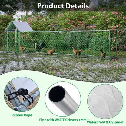 KEIKI Large Metal Chicken Coop, Metal Chicken Run with Waterproof Cover, Farm Poultry Run Hutch Hen House, Outdoor Walk-in Chicken Pen for Poultry Duck Rabbit, 16.33ft x 3.52ft x 4.97ft