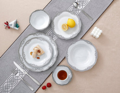 Stylish and Elegant 57 Pieces Porcelain Dinnerware Set Service for 8 People for Hosting Parties and Events - Wavy Edge, Silver Trim